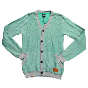 NWT Bench Urban Wear Men Button Up Knit Sweater Cardigan with pockets Green Gray